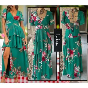 Lulus Mood Geen Floral Button Detail Tiered Button Detail Maxi Dress Size L